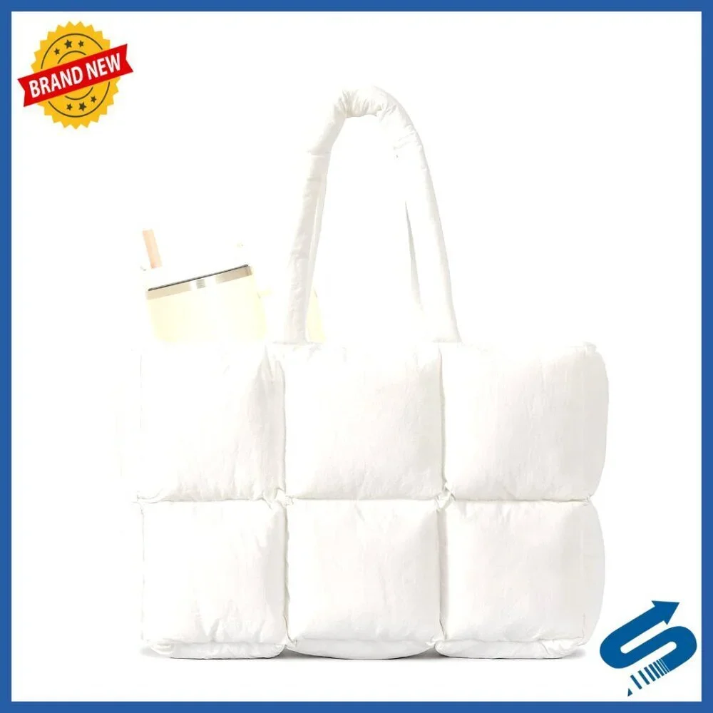 Large Quilted Puffer Tote Bag with Cup Holder & Laptop Sleeve